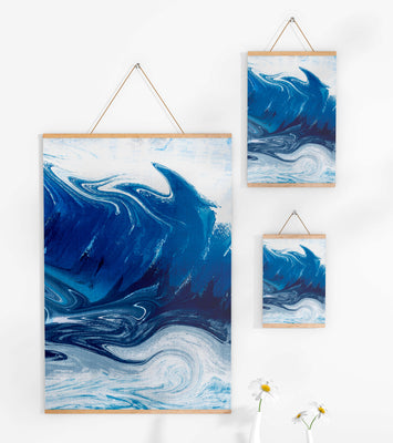 Abstract blue and white ocean wave painting with swirling patterns