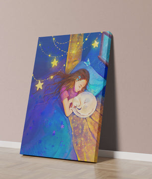 Chica durmiendo con un gato bajo un cielo estrellado