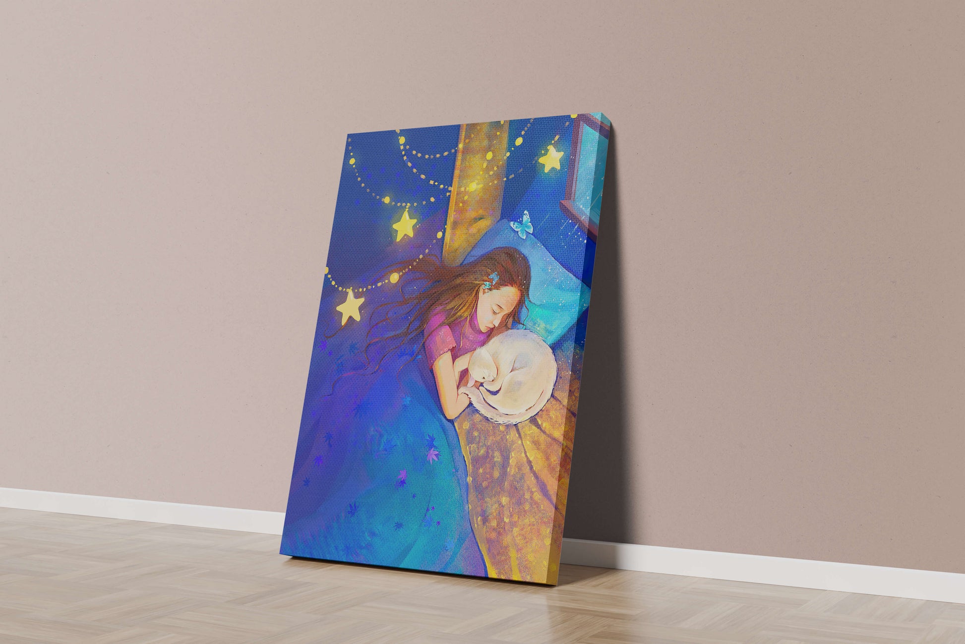 Girl sleeping with cat under starry night sky