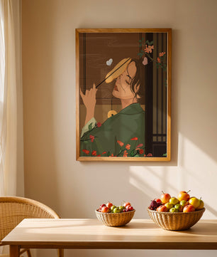 Serene woman with fan surrounded by flowers