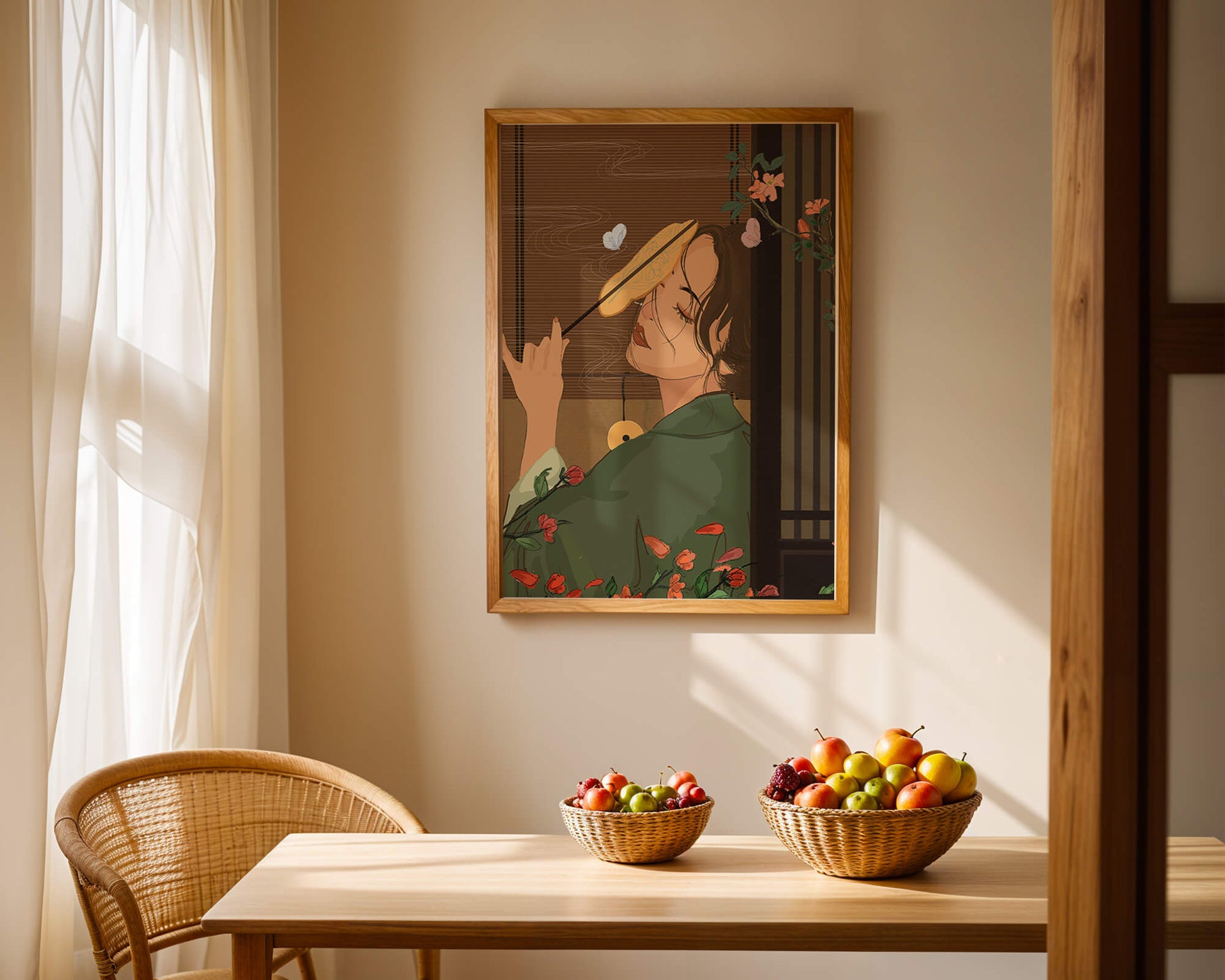 Serene woman with fan surrounded by flowers