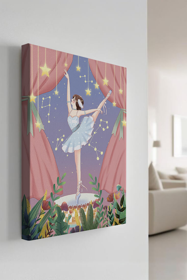 Graceful ballerina performing under starry sky on stage