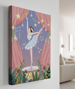 Graceful ballerina performing under starry sky on stage