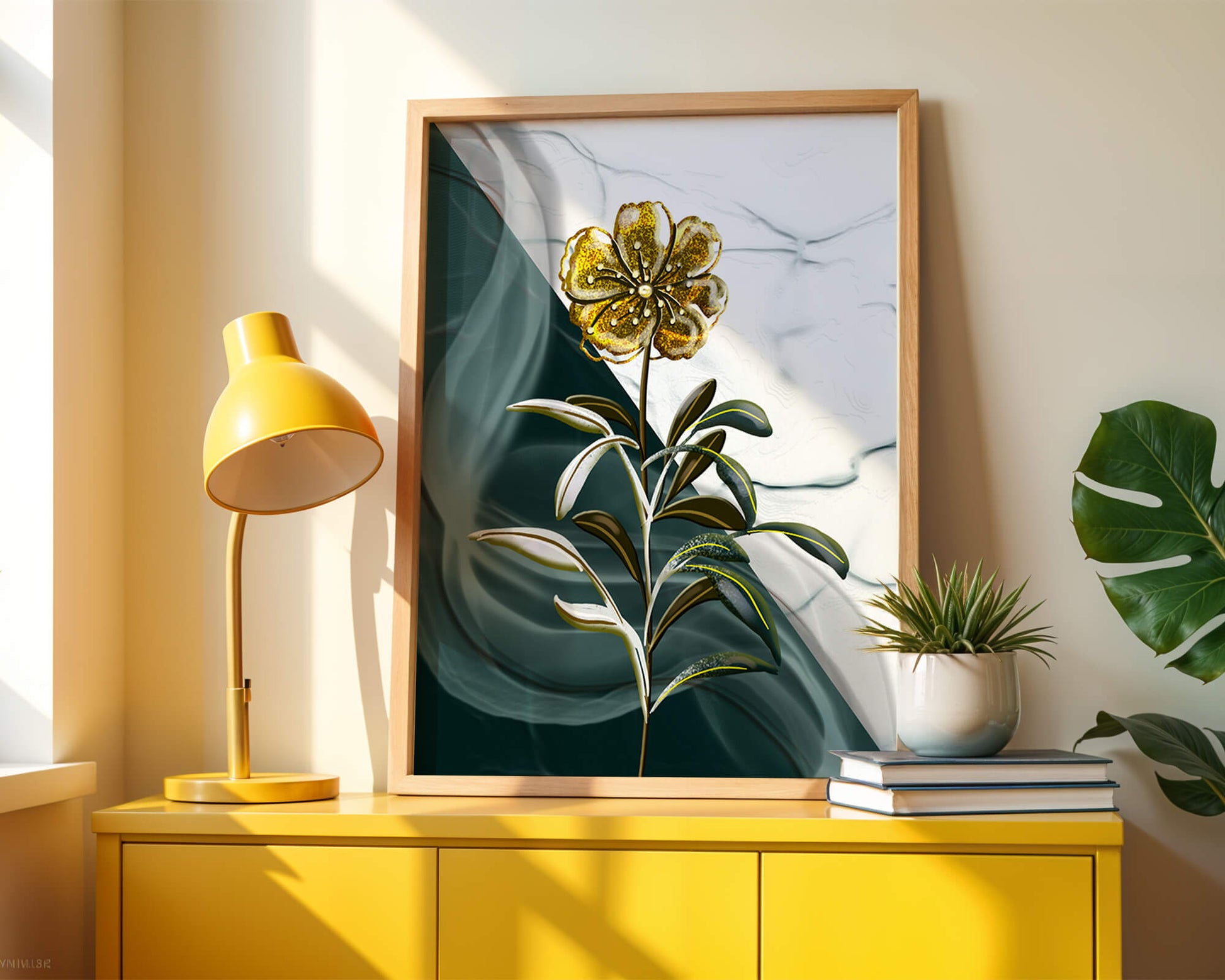 Elegant floral design with gold accents on abstract background