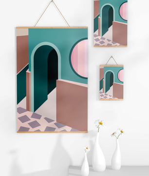 Abstract architectural scene with geometrical shapes