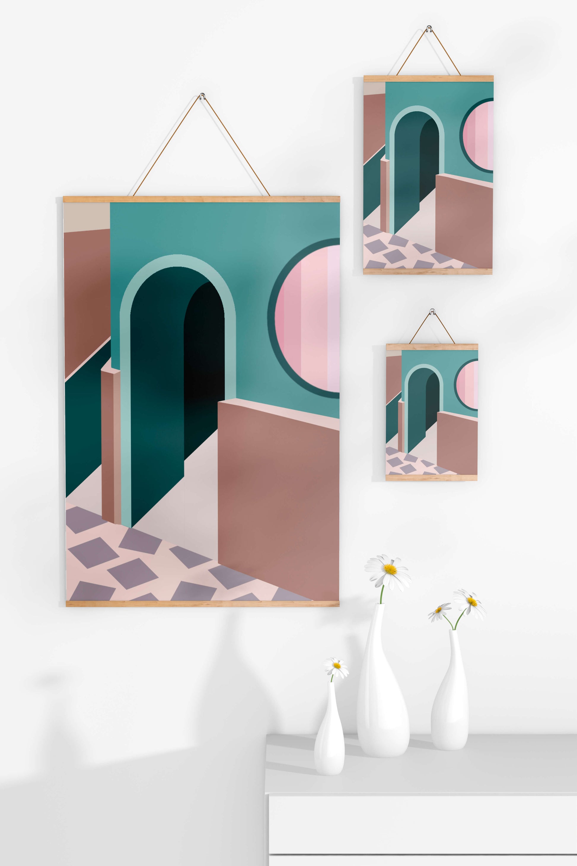 Abstract architectural scene with geometrical shapes