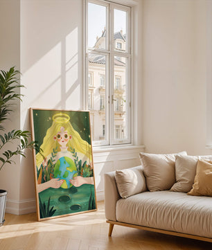 Illustration de la nature paisible avec une figure céleste tenant la Terre
