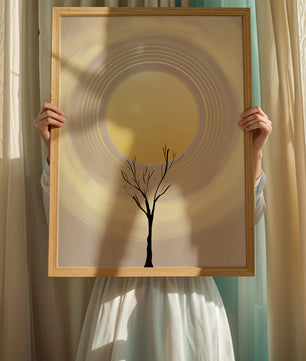 Silueta estilizada de un árbol con círculos concéntricos y un sol grande
