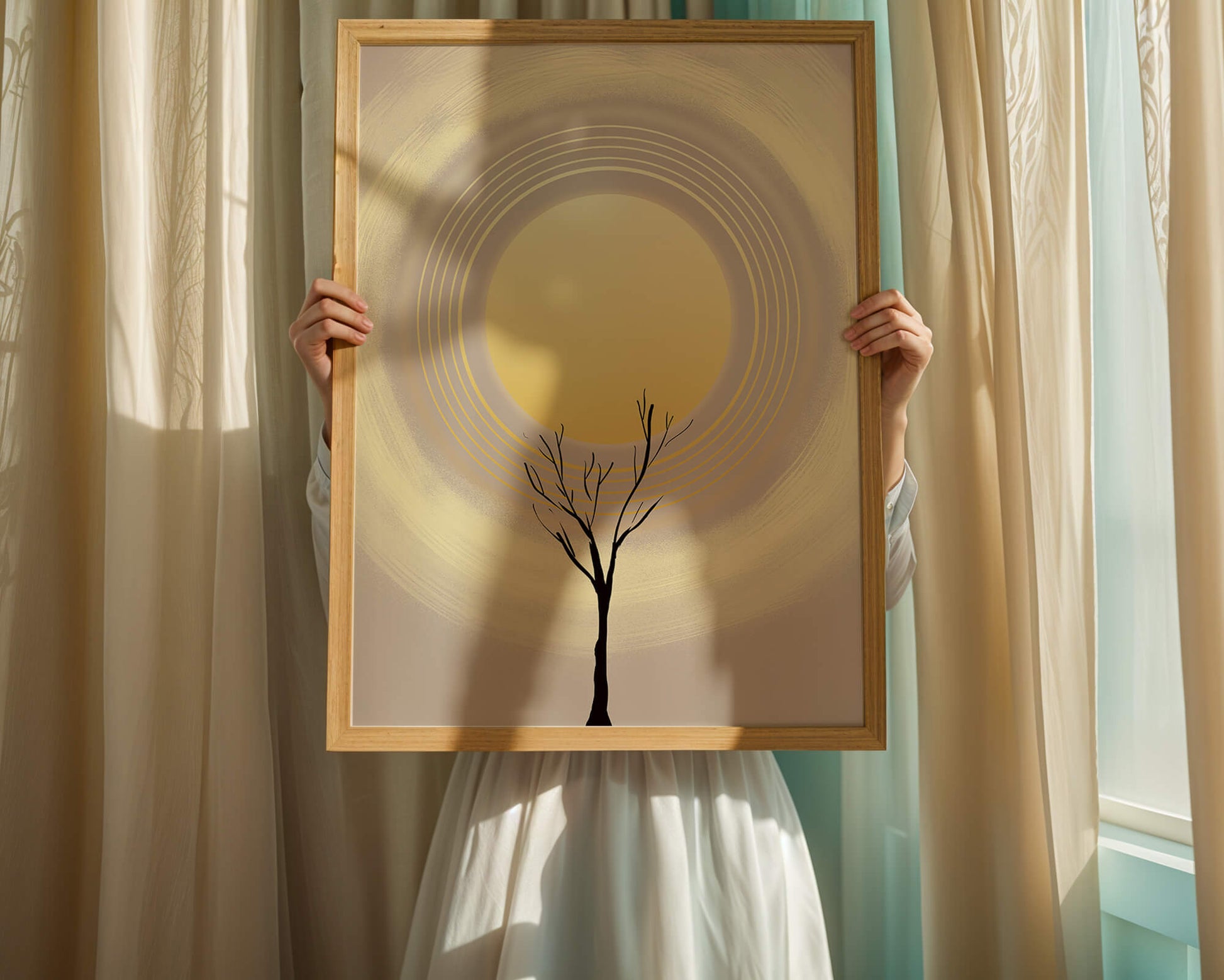 Silueta estilizada de un árbol con círculos concéntricos y un sol grande