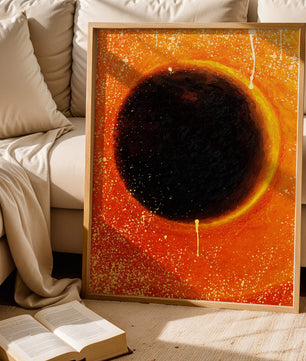 Abstract Representation of a Solar Eclipse with Vibrant Orange and Black Contrast