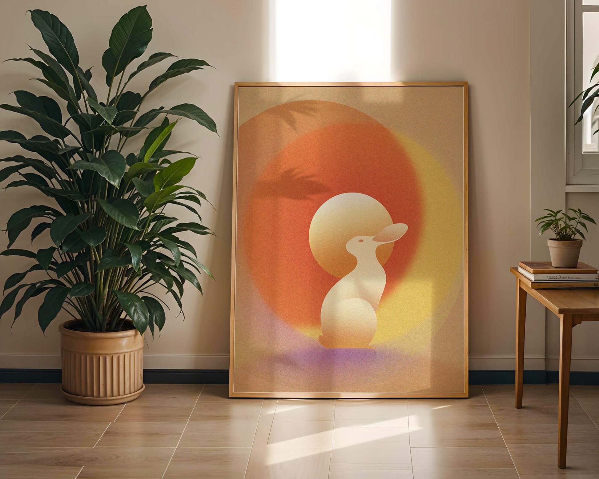 Majestic White Rabbit with Sun and Abstract Circles