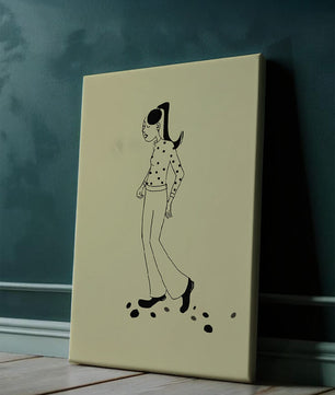 Illustration d'une personne marchant en chemise à pois avec une queue de cheval