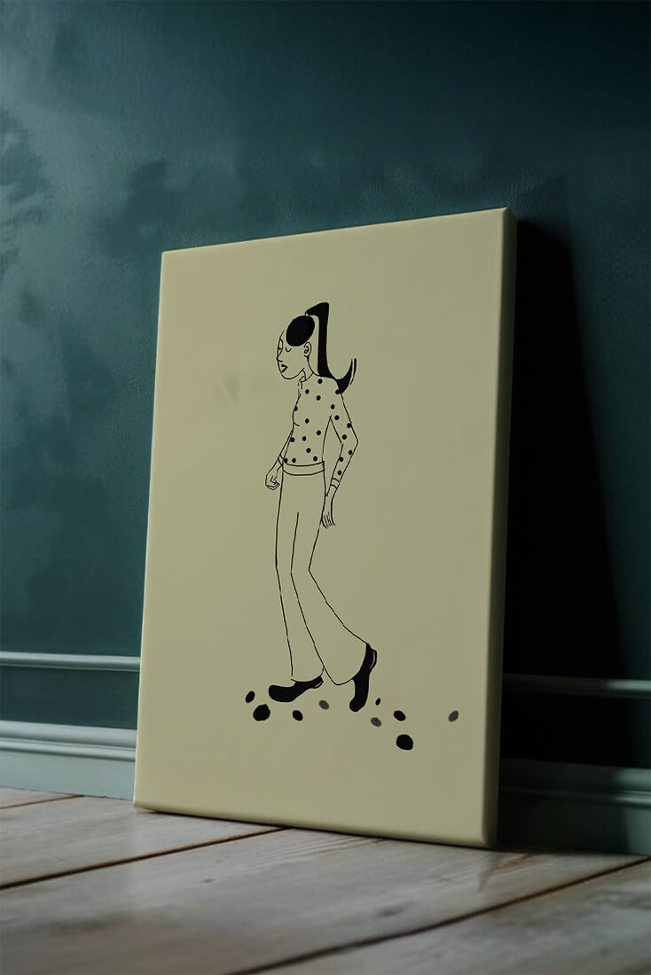 Illustration of a person walking in a polka dot shirt with ponytail