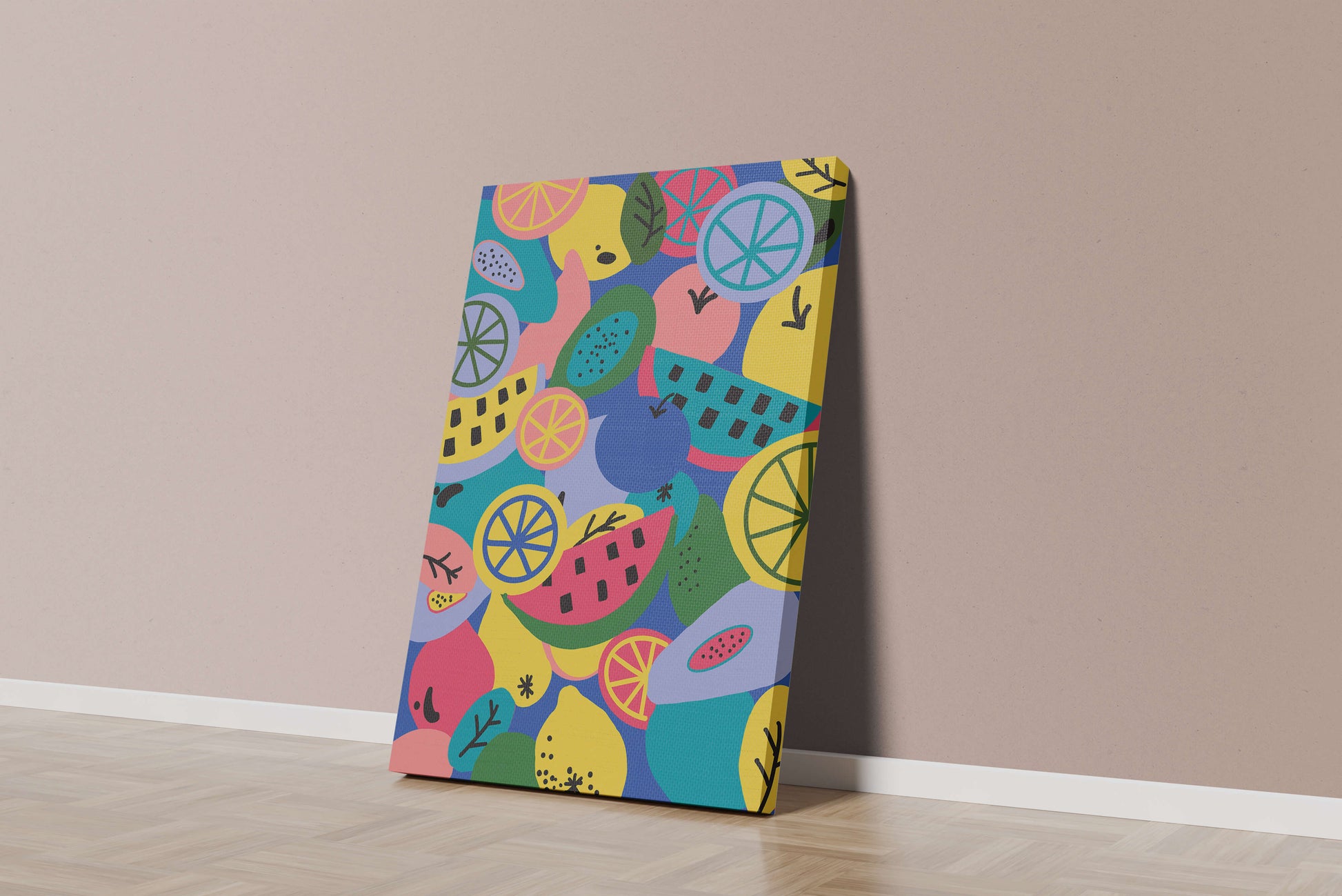 Patrón abstracto de frutas vibrantes con cítricos y melones sobre fondo azul