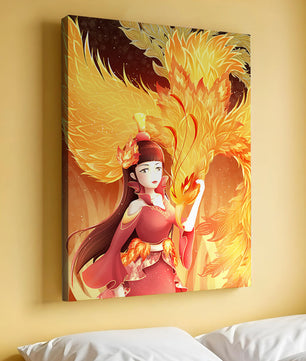 Elegante Darstellung einer Frau mit einem feurigen Phönix