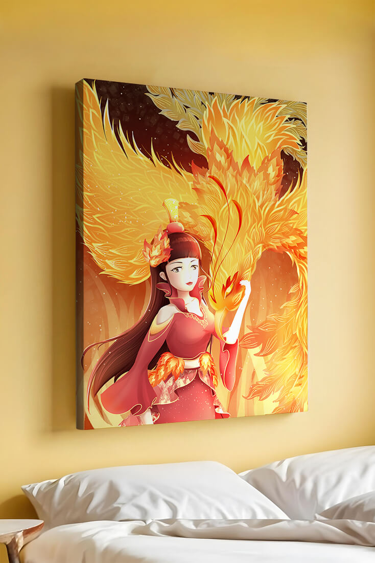 Elegante Darstellung einer Frau mit einem feurigen Phönix