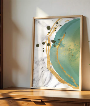 Elegant abstract design with gold accents and teal hues