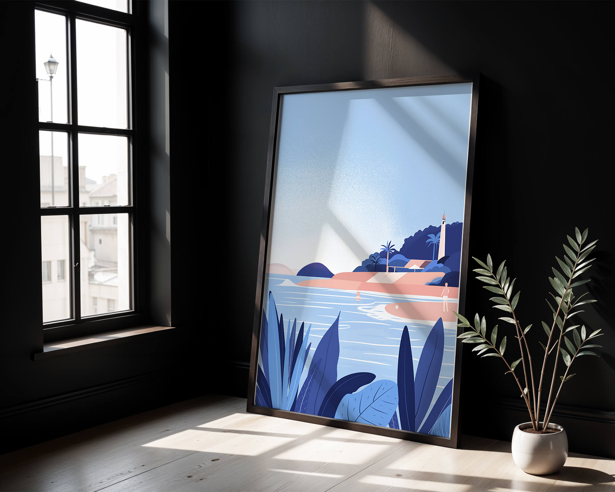 Serene seaside scene with lighthouse and tropical foliage