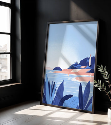 Serene seaside scene with lighthouse and tropical foliage