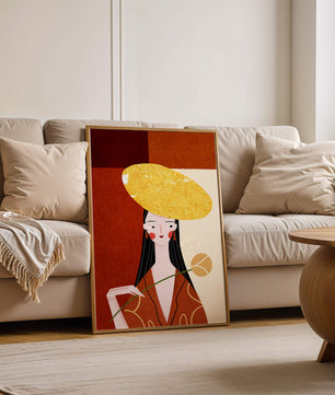 Elegant Woman with a Gold Hat and a Flower on a Red Background - Mi tienda