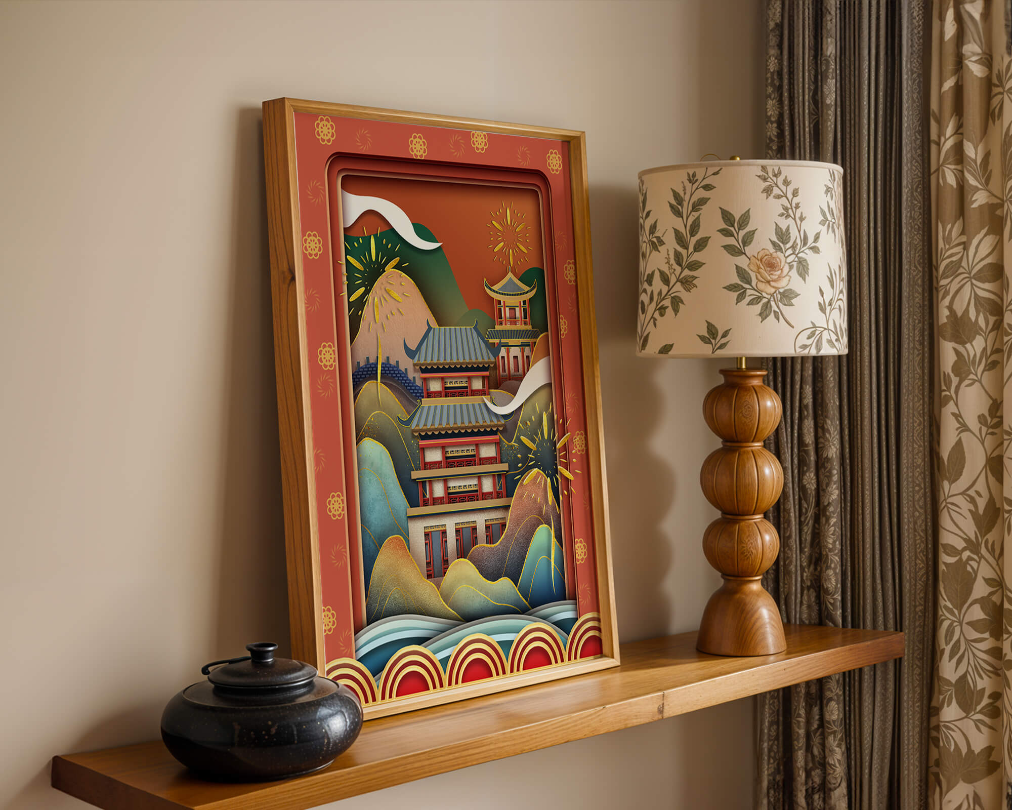 Traditional Asian architecture with fireworks and vibrant mountains