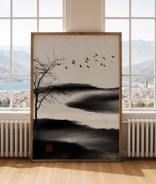 Minimalist Landscape with Silhouetted Tree and Birds