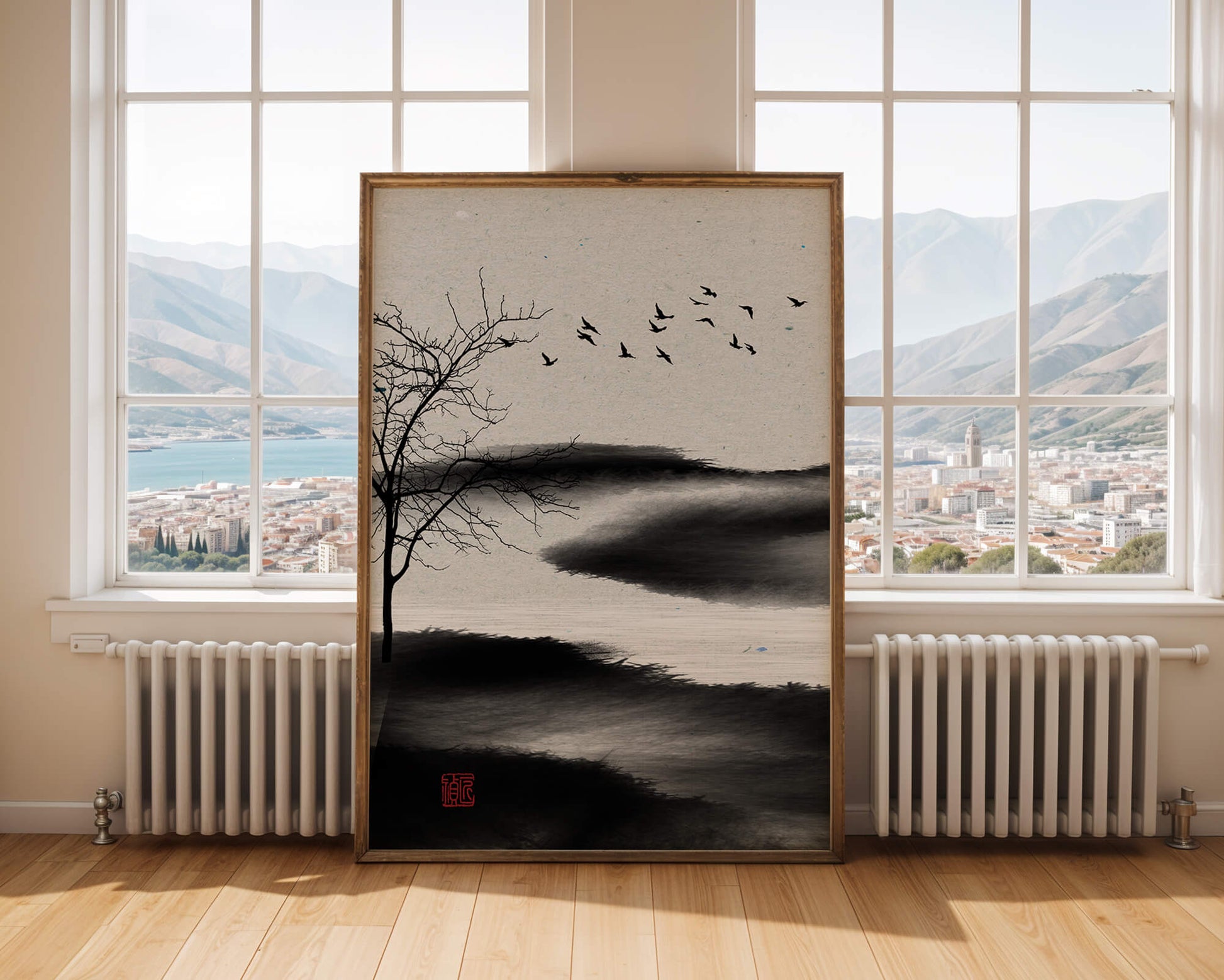 Paisaje minimalista con siluetas de árboles y pájaros