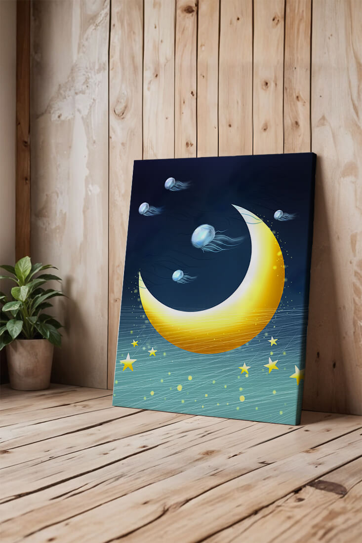 Night sky with golden crescent moon and jellyfish drifting