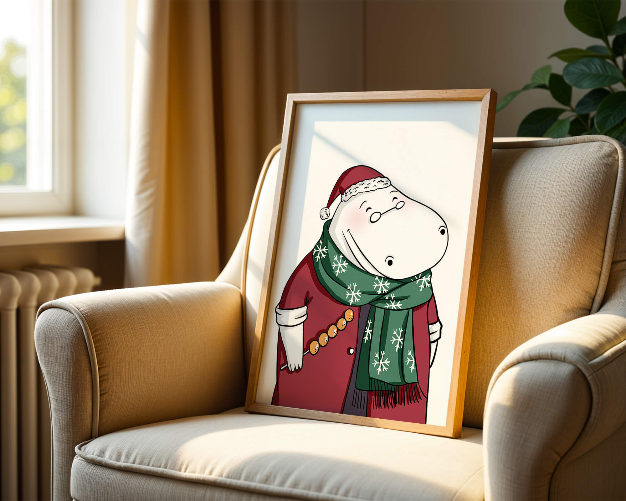 Festive hippo in a red outfit with a green snowflake scarf
