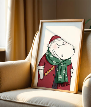 Festive hippo in a red outfit with a green snowflake scarf