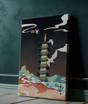 Scène illustrée d’une pagode traditionnelle avec des grues dans un paysage coloré