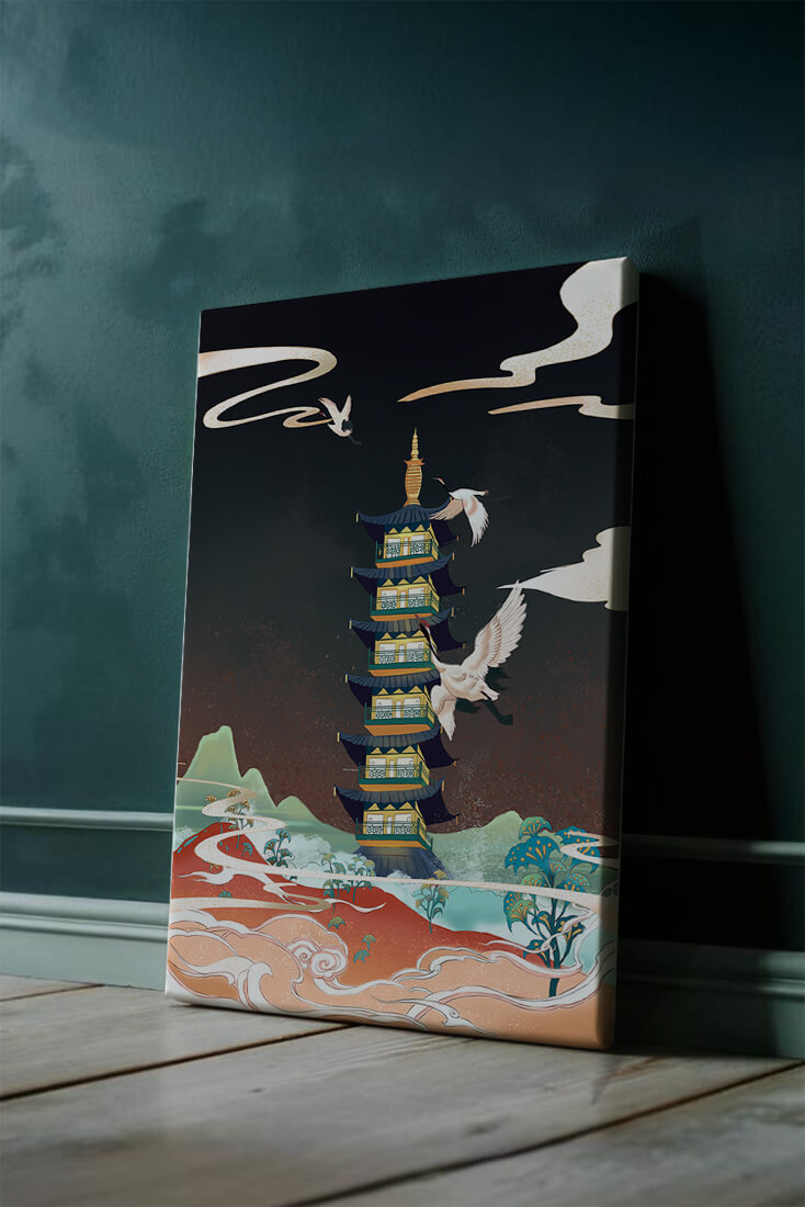 Illustrated scene of traditional pagoda with cranes in colorful landscape