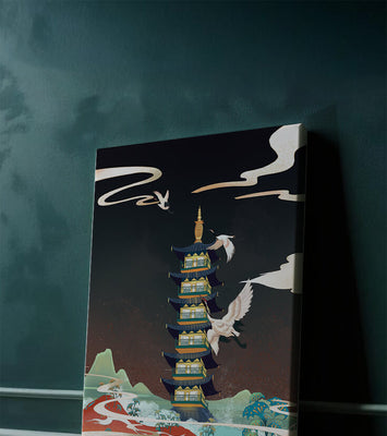 Illustrated scene of traditional pagoda with cranes in colorful landscape
