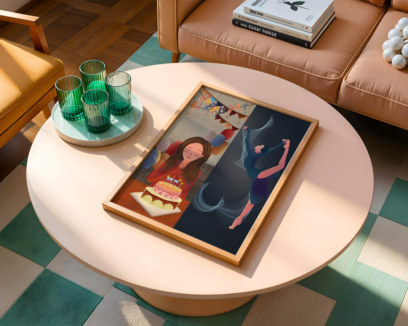 Birthday celebration illustration with cake and dancing figure