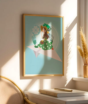 Mujer en un avión de papel con fondo de tema tropical