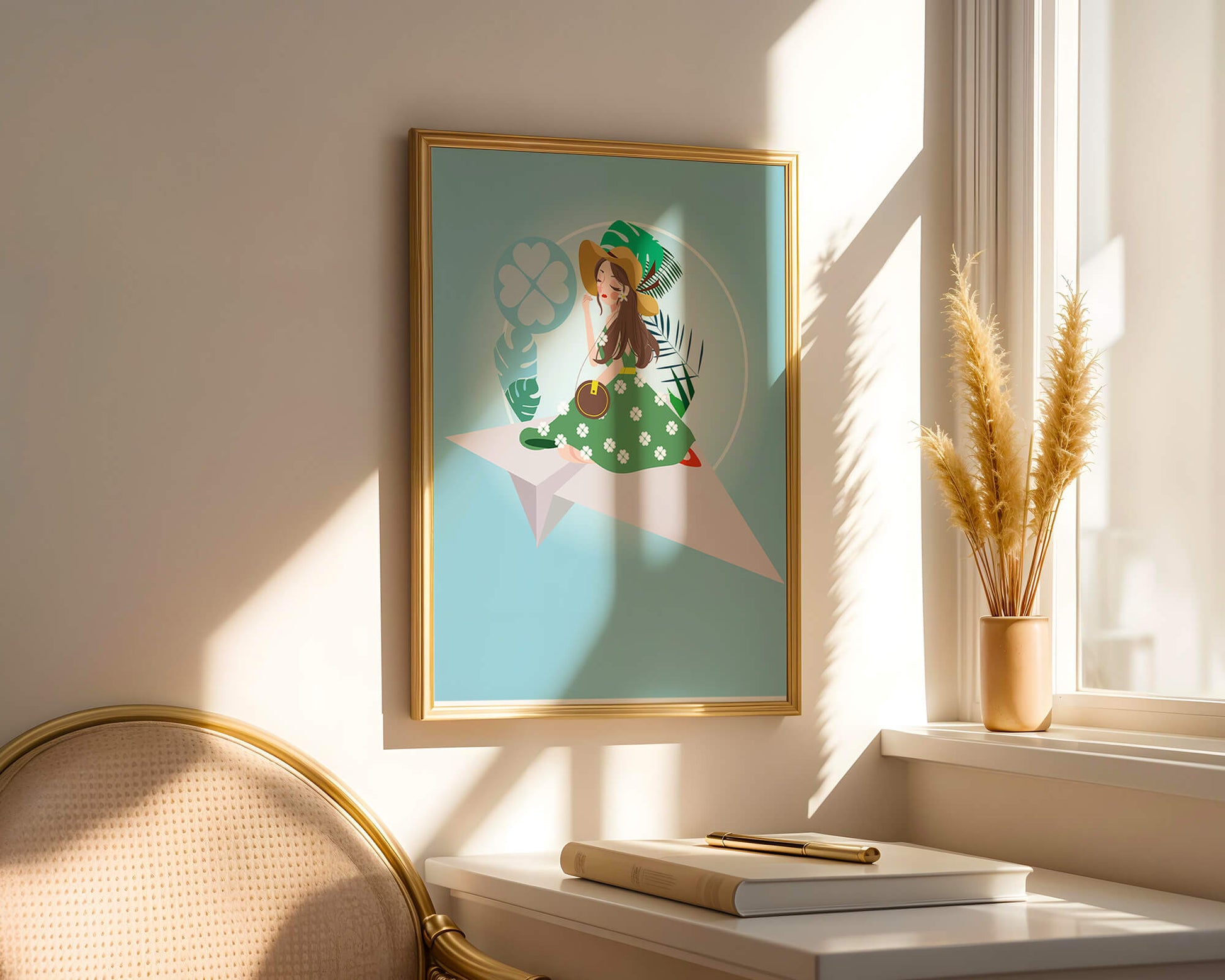 Woman on paper plane with tropical theme background
