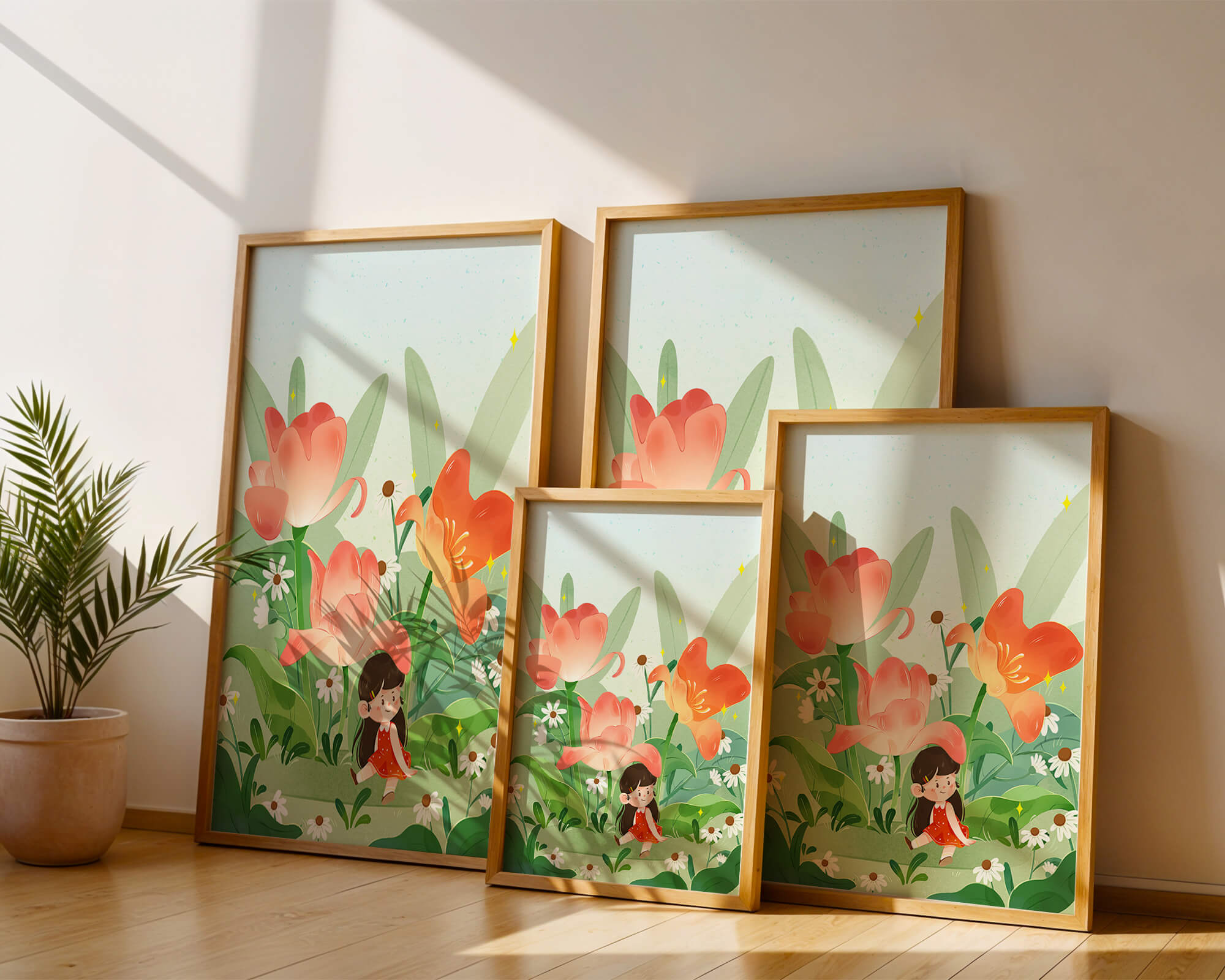 Charming floral garden with whimsical child illustration