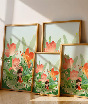 Encantador jardín floral con ilustración de niño caprichoso