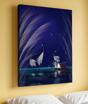 Serene night scene with graceful cranes and a magical boat ride