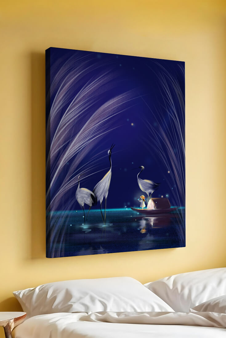 Serene night scene with graceful cranes and a magical boat ride