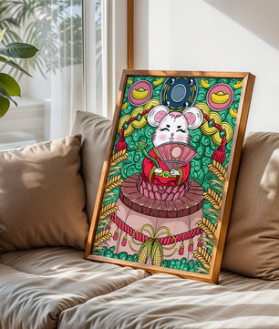 Ratón decorativo encantador con elementos asiáticos y monedas sobre un fondo vibrante