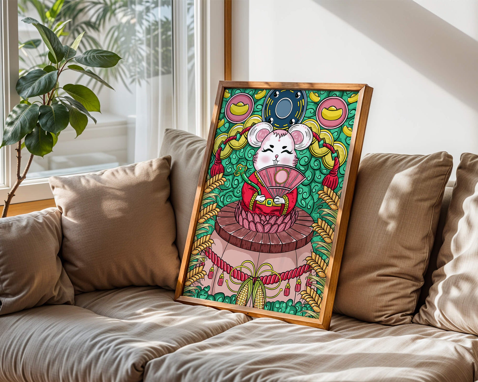 Encantador ratón decorativo con elementos asiáticos y monedas sobre un fondo vibrante.