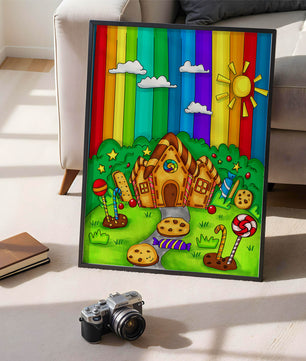 Whimsical candy house in a vibrant rainbow landscape