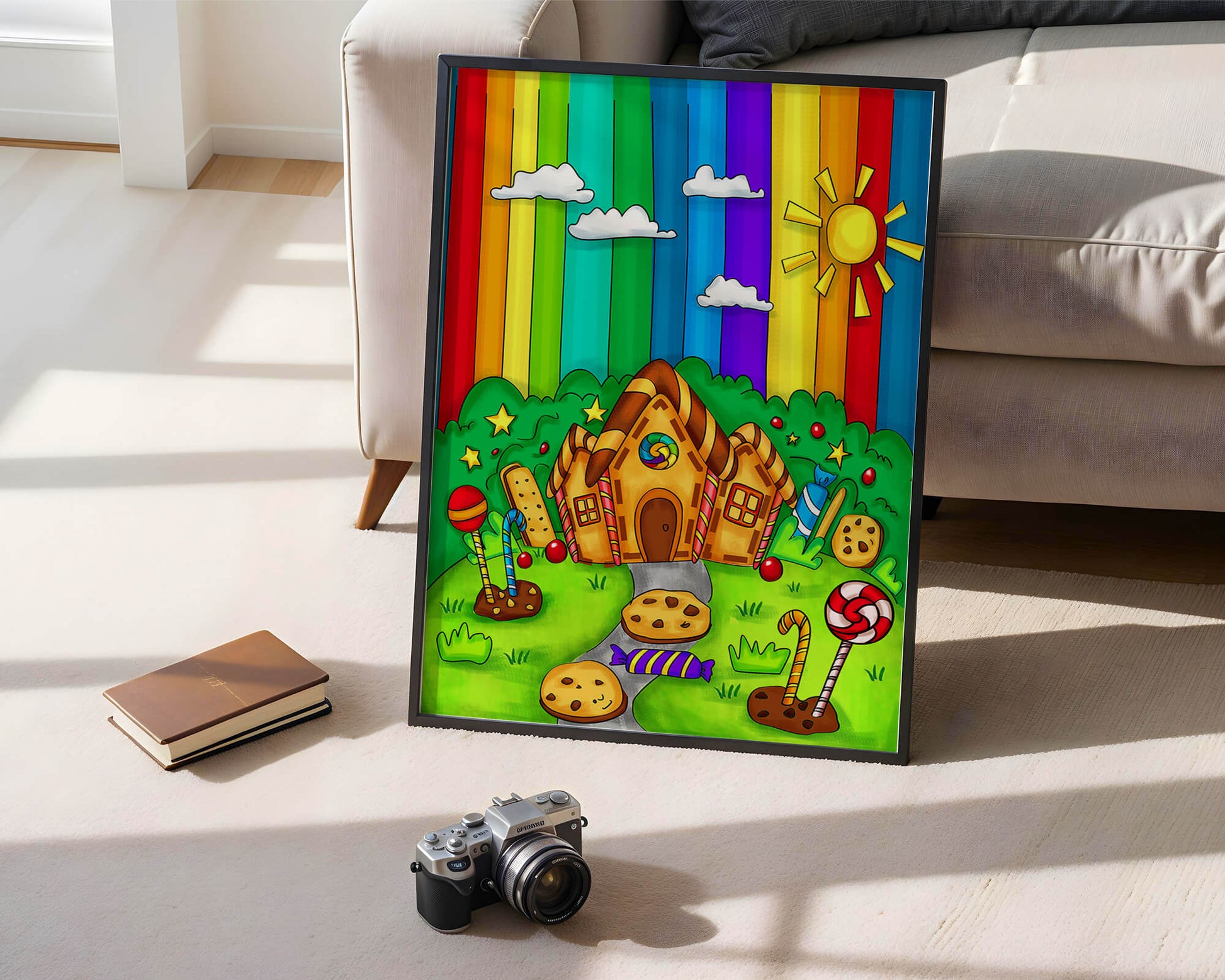 Whimsical candy house in a vibrant rainbow landscape