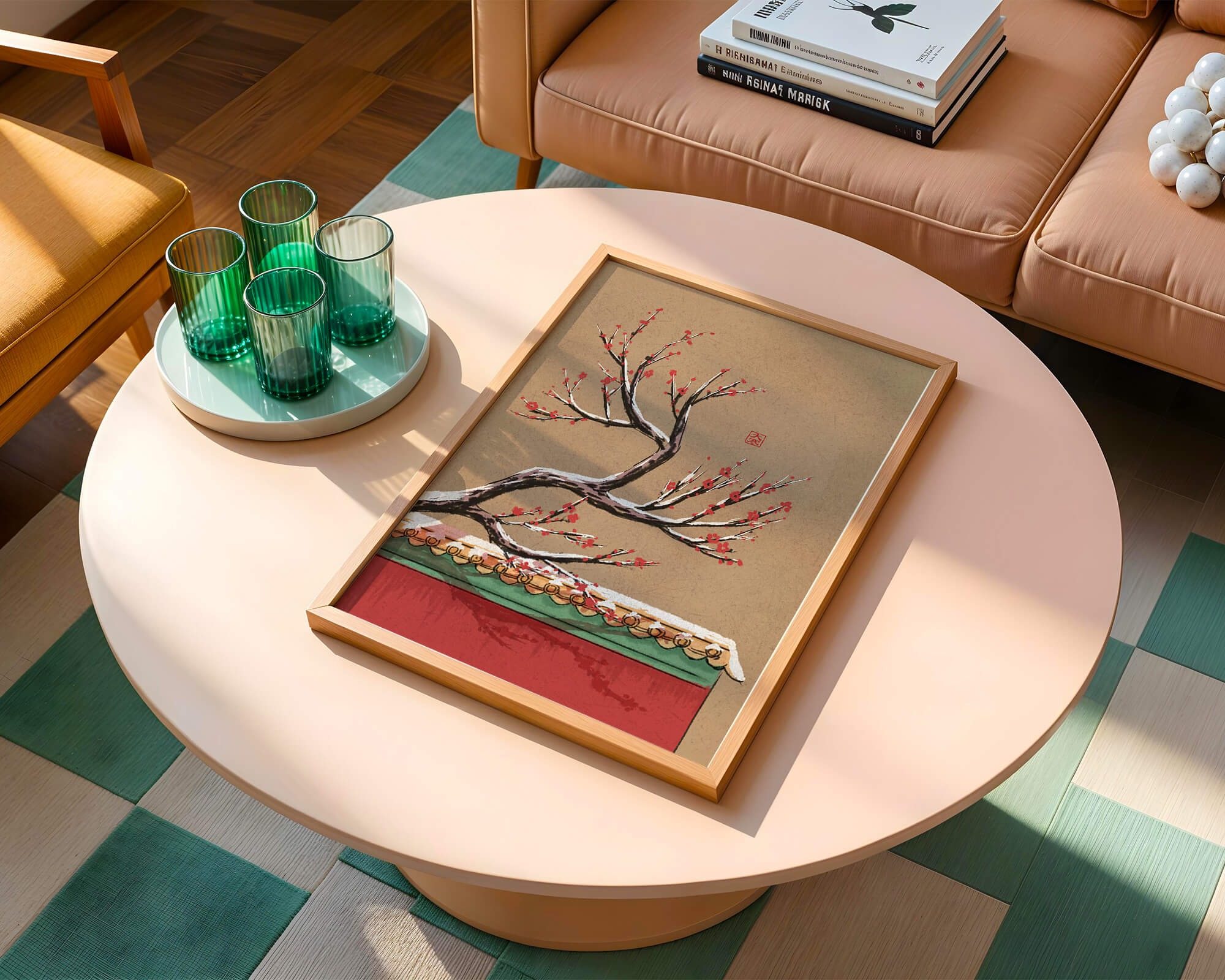 Illustration of blooming plum branch over traditional rooftop