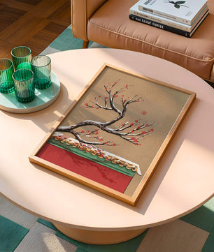 Illustration of blooming plum branch over traditional rooftop