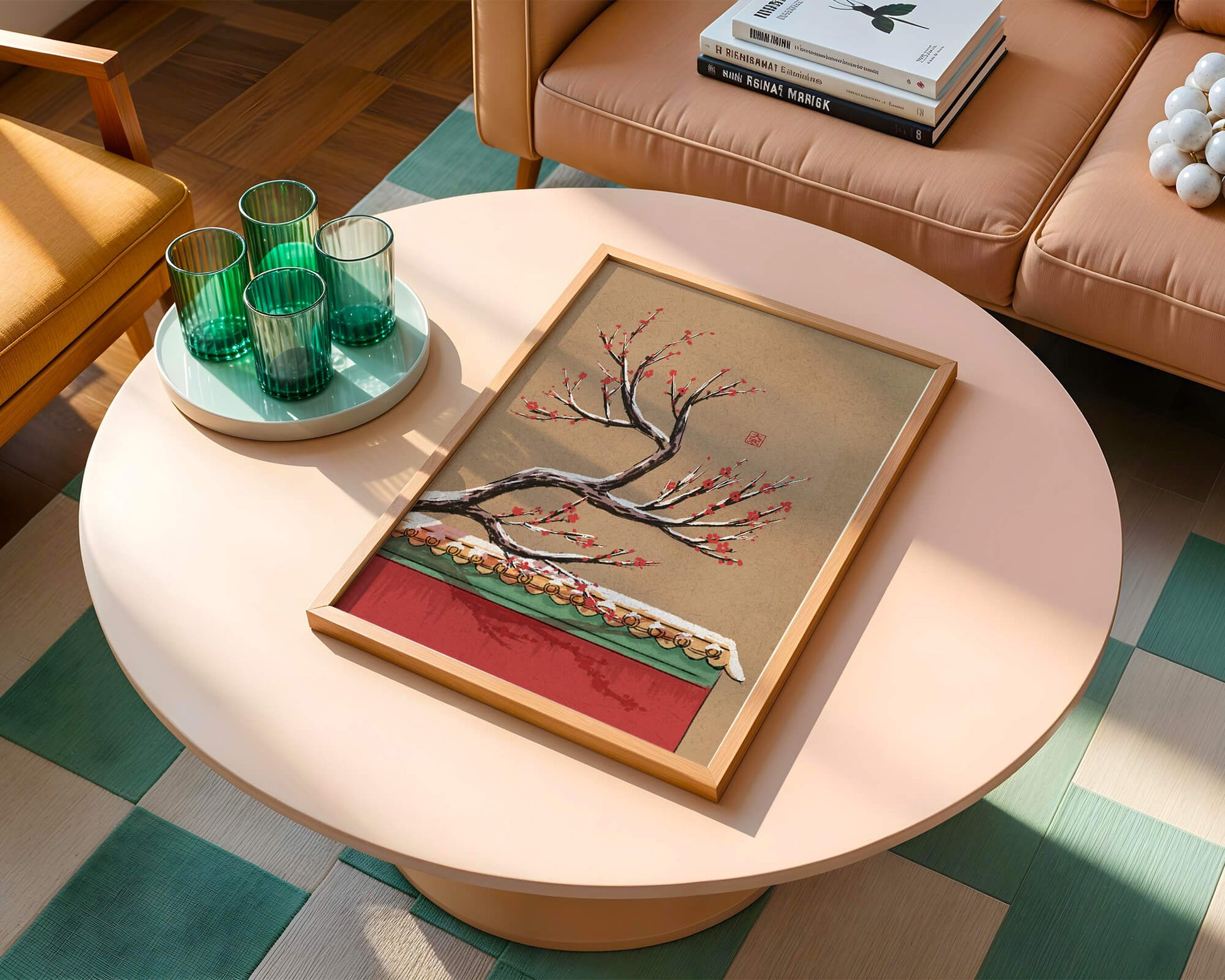 Illustration of blooming plum branch over traditional rooftop