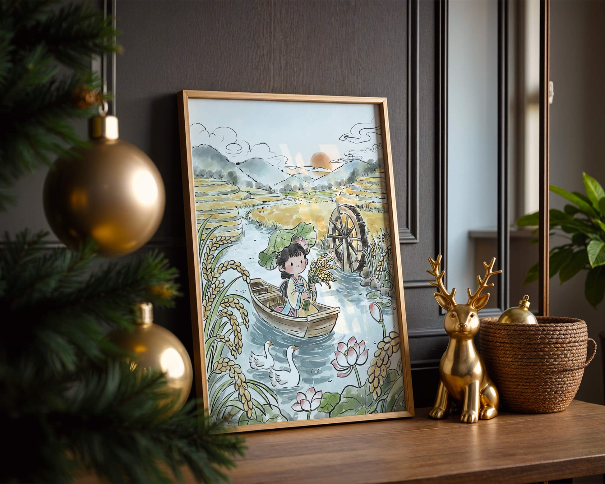 Niña en un bote con campos de arroz y atardecer de fondo