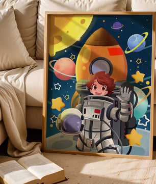 Young Astronaut with Rocket and Planets in Space Adventure