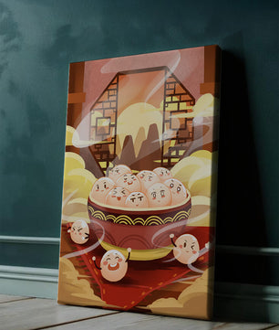 Dumplings de dibujos animados encantadores en un cuenco decorativo en medio de la niebla